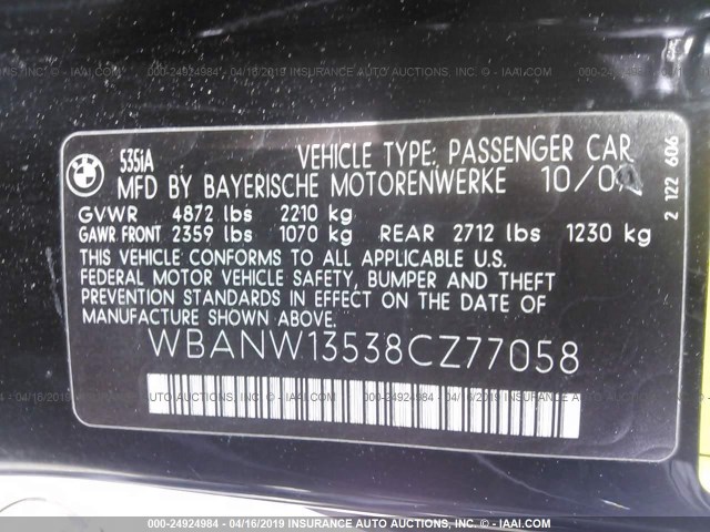 WBANW13538CZ77058 - 2008 BMW 535 I BLACK photo 9