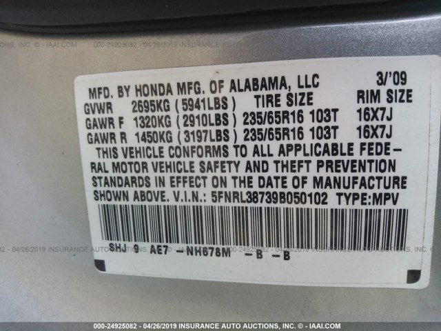 5FNRL38739B050102 - 2009 HONDA ODYSSEY EXL SILVER photo 9