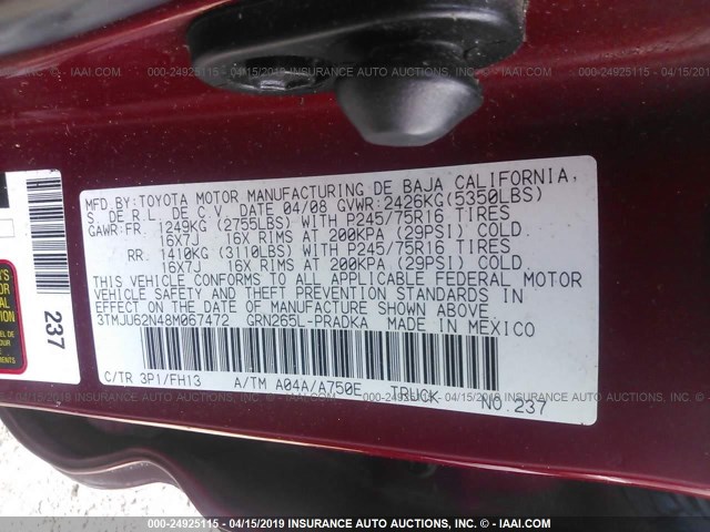 3TMJU62N48M067472 - 2008 TOYOTA TACOMA DOUBLE CAB PRERUNNER RED photo 9