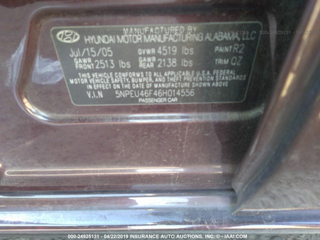 5NPEU46F46H014556 - 2006 HYUNDAI SONATA GLS/LX MAROON photo 9