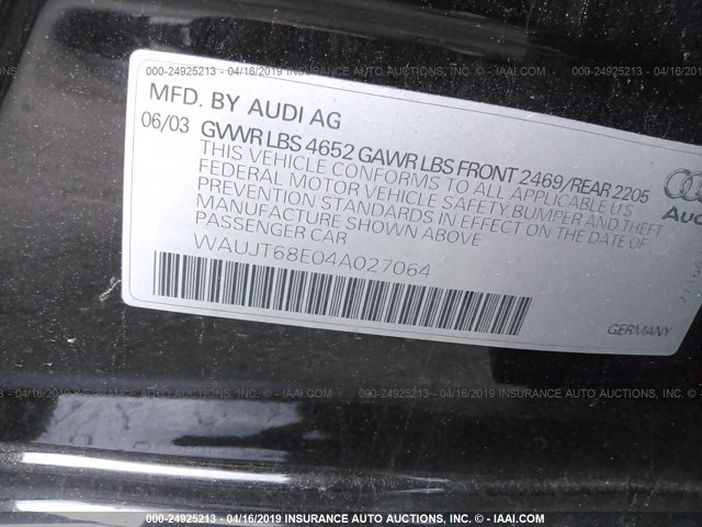 WAUJT68E04A027064 - 2004 AUDI A4 3.0 BLACK photo 9