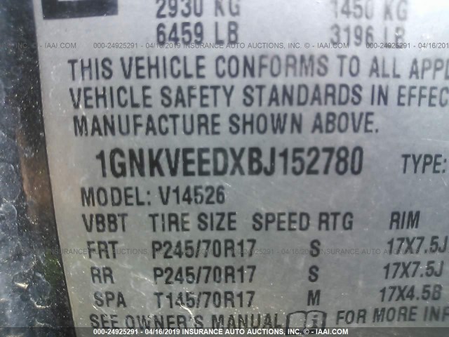 1GNKVEEDXBJ152780 - 2011 CHEVROLET TRAVERSE LS BLACK photo 9