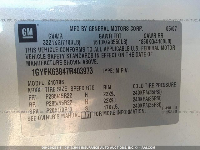 1GYFK63847R403973 - 2007 CADILLAC ESCALADE LUXURY თეთრი ფოტო 9