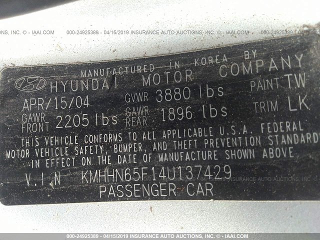 KMHHN65F14U137429 - 2004 HYUNDAI TIBURON GT SILVER photo 9