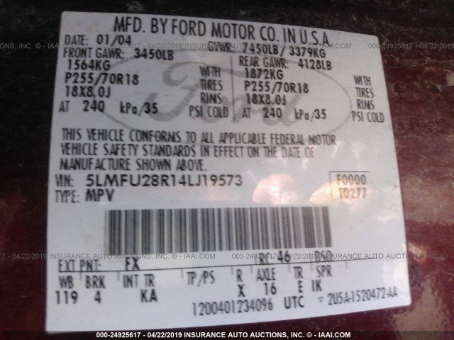 5LMFU28R14LJ19573 - 2004 LINCOLN NAVIGATOR 红色 照片 9