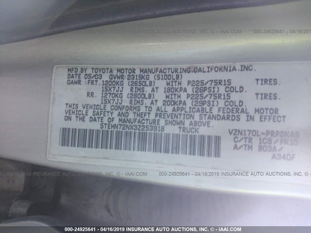 5TEHN72NX3Z253918 - 2003 TOYOTA TACOMA DOUBLE CAB 银色 照片 9