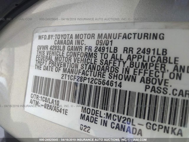 2T1CF28P12C564614 - 2002 TOYOTA CAMRY SOLARA SE/SLE SILVER photo 9