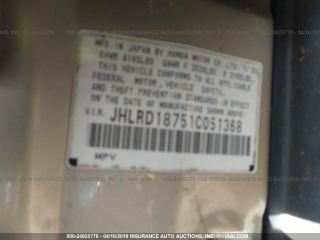 JHLRD18751C051368 - 2001 HONDA CR-V SE/LE GOLD photo 9