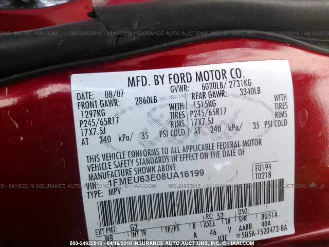 1FMEU63E08UA16199 - 2008 FORD EXPLORER XLT RED photo 9