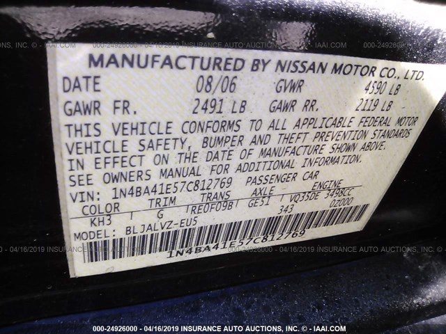 1N4BA41E57C812769 - 2007 NISSAN MAXIMA SE/SL BLACK photo 9