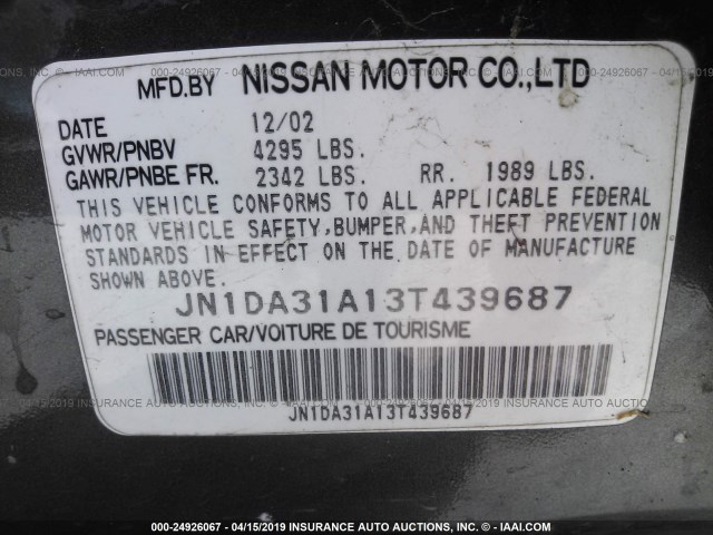 JN1DA31A13T439687 - 2003 NISSAN MAXIMA GLE/SE GRAY photo 9