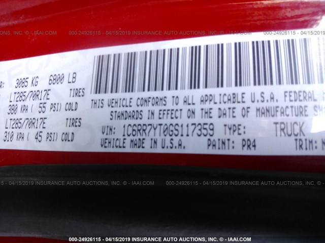 1C6RR7YT0GS117359 - 2016 RAM 1500 REBEL წითელი ფოტო 9