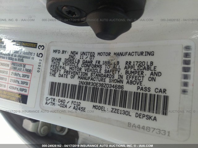 1NXBR30E38Z034686 - 2008 TOYOTA COROLLA CE/LE/S WHITE photo 9