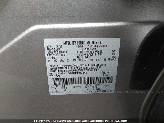 2FMPK4G90HBB97116 - 2017 FORD EDGE SE SILVER photo 9