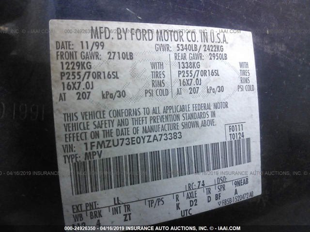 1FMZU73E0YZA73383 - 2000 FORD EXPLORER XLT BLUE photo 9