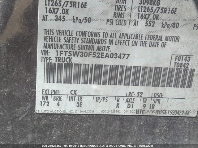 1FTSW30F52EA03477 - 2002 FORD F350 SRW SUPER DUTY GRAY photo 9