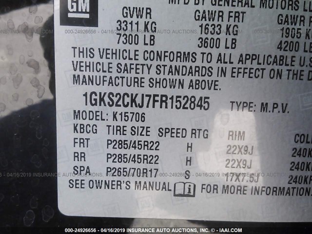 1GKS2CKJ7FR152845 - 2015 GMC YUKON DENALI BLACK photo 9