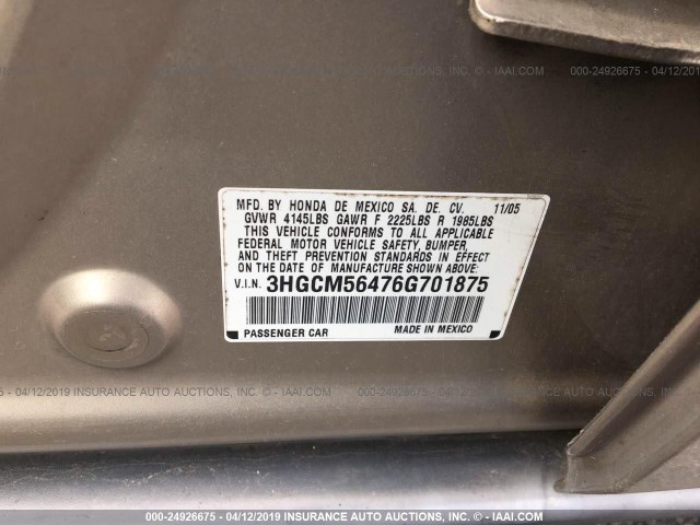 3HGCM56476G701875 - 2006 HONDA ACCORD LX GOLD photo 9