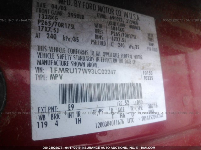 1FMRU17W93LC02247 - 2003 FORD EXPEDITION EDDIE BAUER RED photo 9