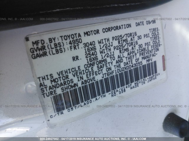 JT6HF10U2X0043055 - 1999 LEXUS RX 300 WHITE photo 9