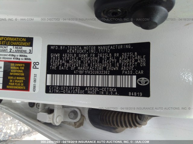 4T1BF1FK5CU632362 - 2012 TOYOTA CAMRY SE/LE/XLE WHITE photo 9