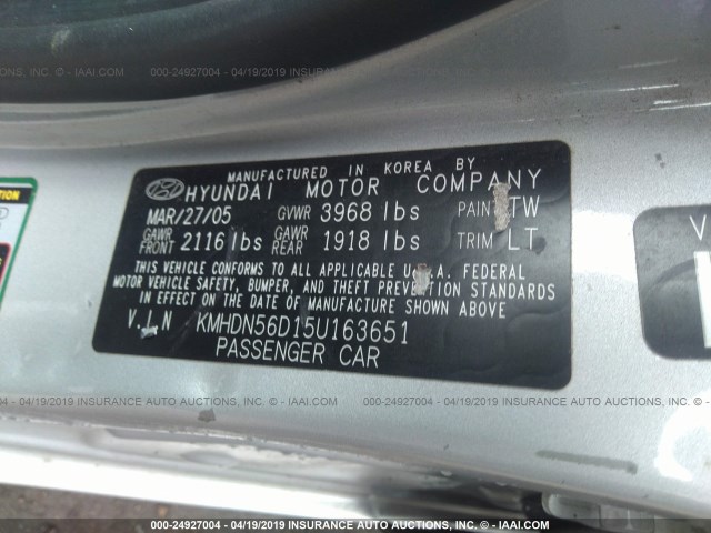 KMHDN56D15U163651 - 2005 HYUNDAI ELANTRA GLS/GT GRAY photo 9