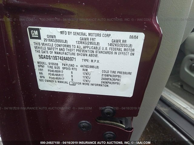 5GADS13S742440971 - 2004 BUICK RAINIER CXL MAROON photo 9