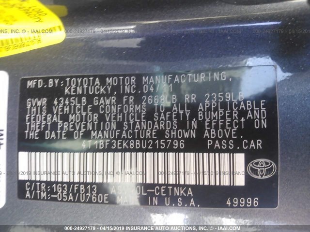 4T1BF3EK8BU215796 - 2011 TOYOTA CAMRY SE/LE/XLE GRAY photo 9