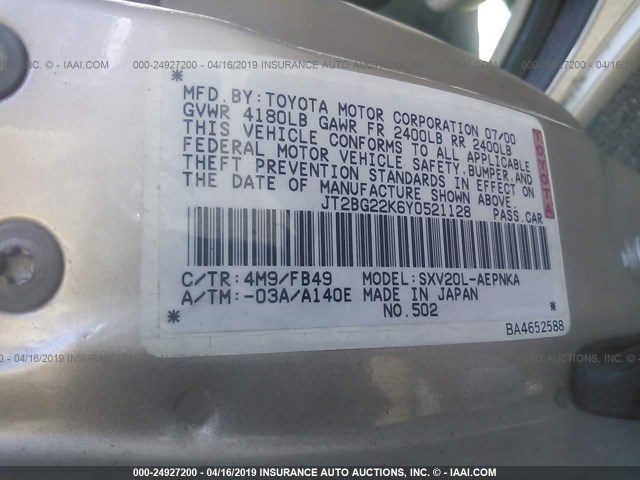 JT2BG22K6Y0521128 - 2000 TOYOTA CAMRY CE/LE/XLE TAN photo 9