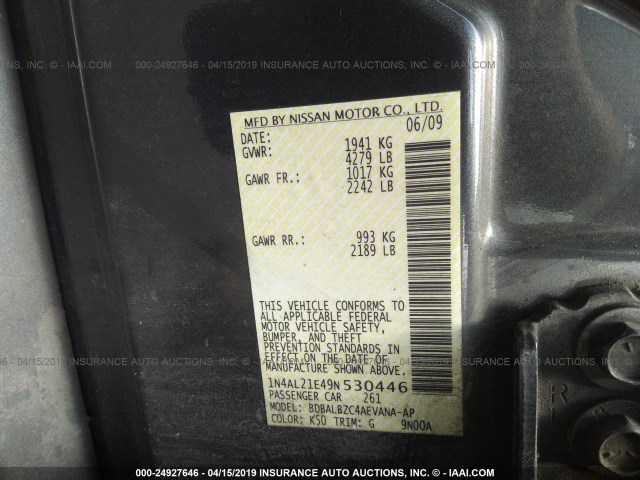 1N4AL21E49N530446 - 2009 NISSAN ALTIMA 2.5/2.5S GRAY photo 9