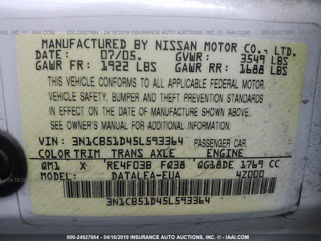 3N1CB51D45L593364 - 2005 NISSAN SENTRA 1.8/1.8S WHITE photo 9