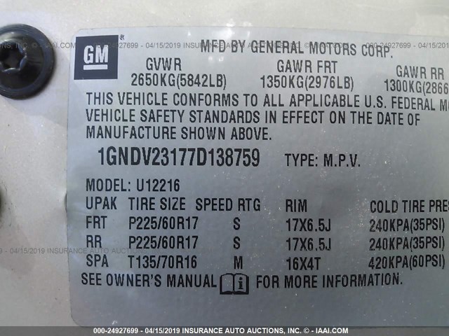 1GNDV23177D138759 - 2007 CHEVROLET UPLANDER LS GOLD photo 9