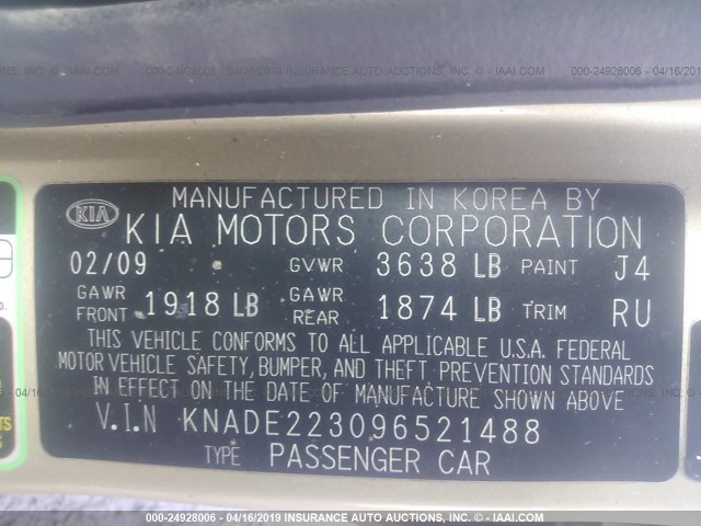 KNADE223096521488 - 2009 KIA RIO LX/SX CREAM photo 9