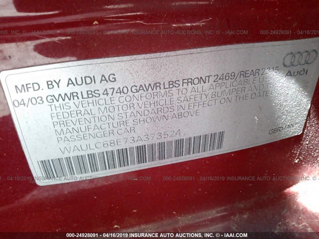 WAULC68E73A373524 - 2003 AUDI A4 1.8T QUATTRO RED photo 9