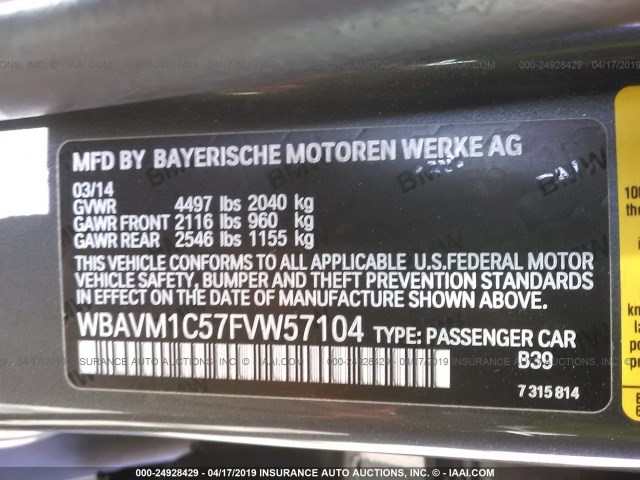 WBAVM1C57FVW57104 - 2015 BMW X1 SDRIVE28I GRAY photo 9