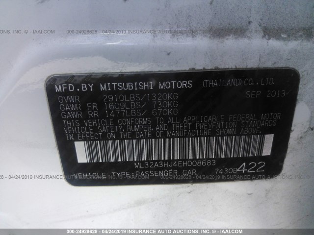 ML32A3HJ4EH008683 - 2014 MITSUBISHI MIRAGE DE WHITE photo 9