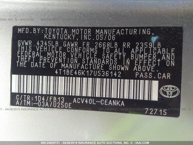 4T1BE46K17U536142 - 2007 TOYOTA CAMRY NEW GENERAT CE/LE/XLE/SE SILVER photo 9