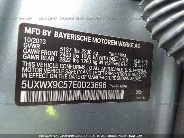5UXWX9C57E0D23696 - 2014 BMW X3 XDRIVE28I Light Blue photo 9