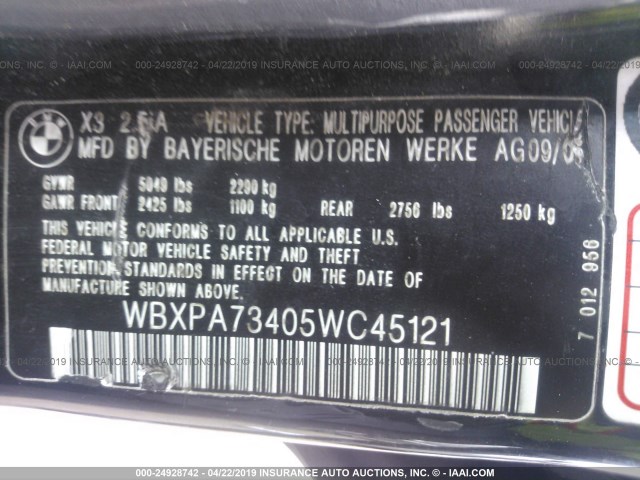 WBXPA73405WC45121 - 2005 BMW X3 2.5I BLACK photo 9