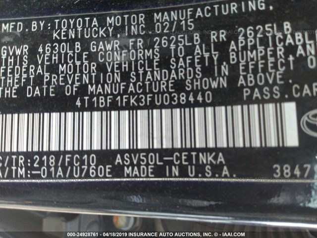 4T1BF1FK3FU038440 - 2015 TOYOTA CAMRY LE/XLE/SE/XSE შავი ფოტო 9