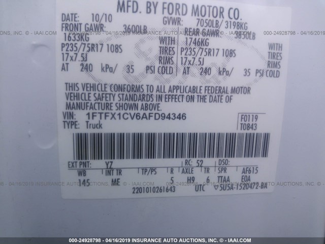 1FTFX1CV6AFD94346 - 2010 FORD F150 SUPER CAB WHITE photo 9