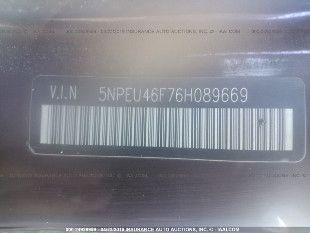 5NPEU46F76H089669 - 2006 HYUNDAI SONATA GLS/LX PURPLE photo 9