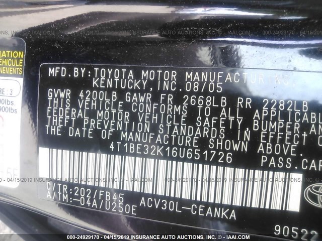 4T1BE32K16U651726 - 2006 TOYOTA CAMRY LE/XLE/SE BLACK photo 9