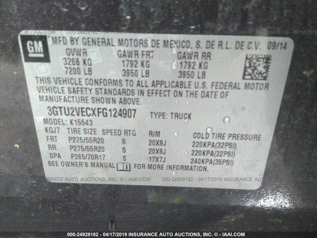 3GTU2VECXFG124907 - 2015 GMC SIERRA K1500 SLT GRAY photo 9