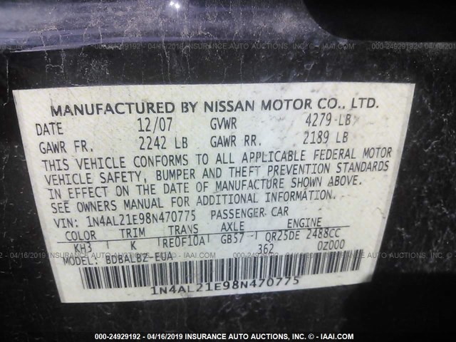 1N4AL21E98N470775 - 2008 NISSAN ALTIMA 2.5/2.5S BLACK photo 9