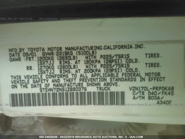 5TEHN72N51Z880376 - 2001 TOYOTA TACOMA DOUBLE CAB 白色 照片 9