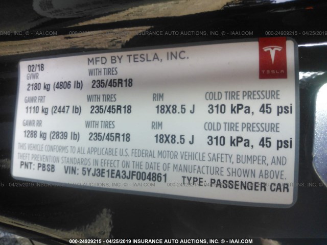 5YJ3E1EA3JF004861 - 2018 TESLA MODEL 3 BLACK photo 9