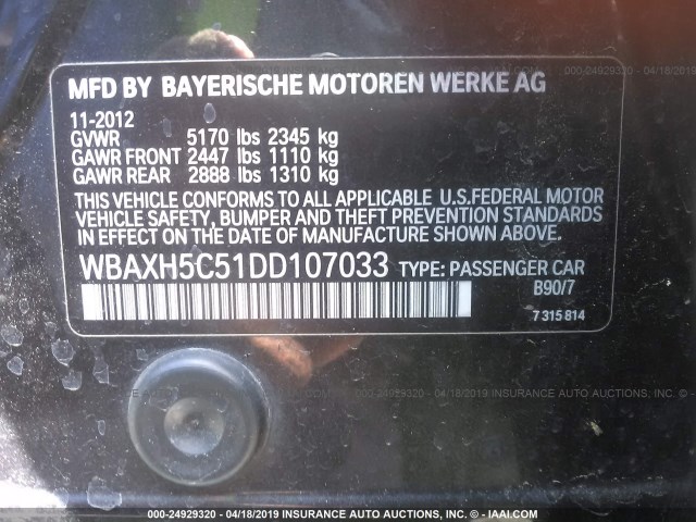 WBAXH5C51DD107033 - 2013 BMW 528 XI GRAY photo 9