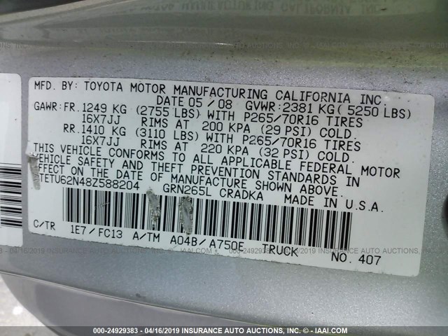 5TETU62N48Z588204 - 2008 TOYOTA TACOMA PRERUNNER ACCESS CAB SILVER photo 9