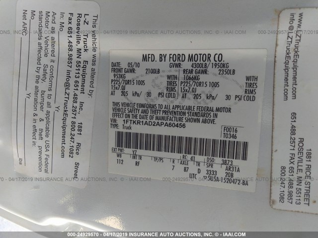 1FTKR1AD2APA60456 - 2010 FORD RANGER WHITE photo 9